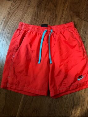 Nike Men's Bright Red Swim Trunks with Teal Drawstring